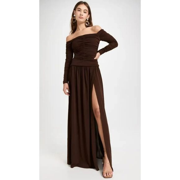 Tanya Taylor Marla Ruched Maxi Fit and Flare Dress Mocha Size 6 - Picture 1 of 4